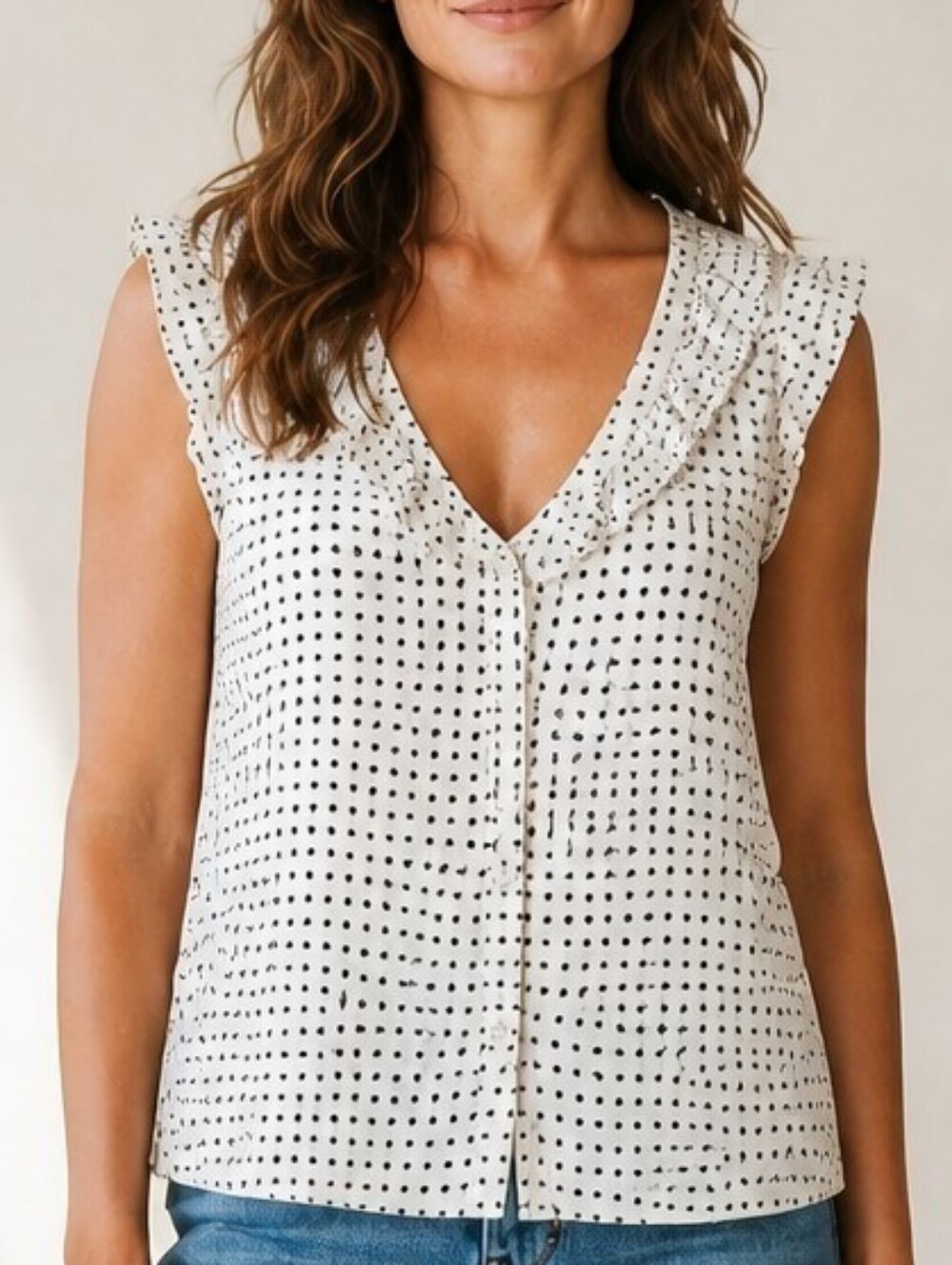 Cabi Morse Code Top Cream Black Dot Ruffle V Neck Sleeveless Blouse